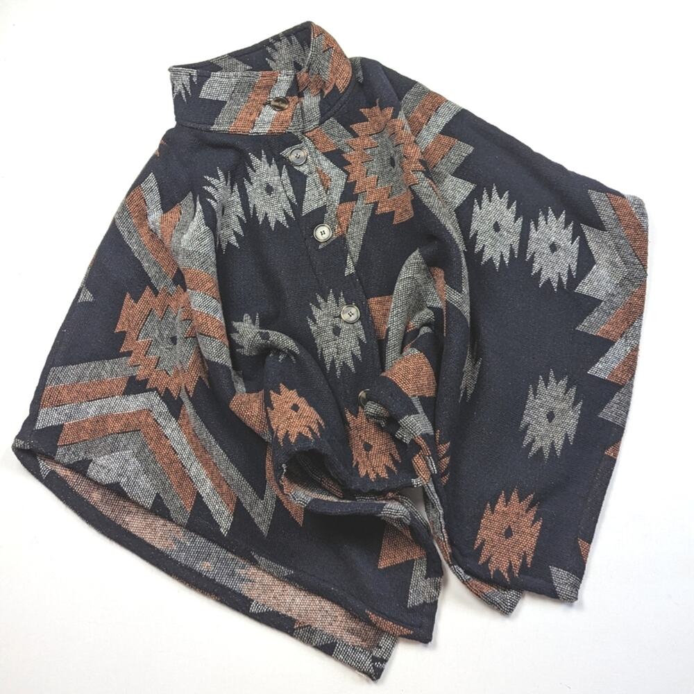 Thread & Supply Sweater Poncho Women's Size XS/S Black Aztec Cape Boho